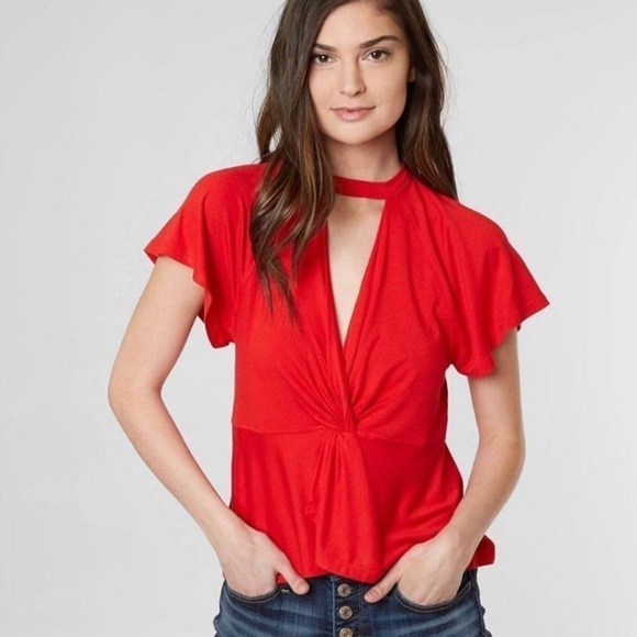Free People Just A Twist Red Mock Neck Deep V - Picture 1 of 7